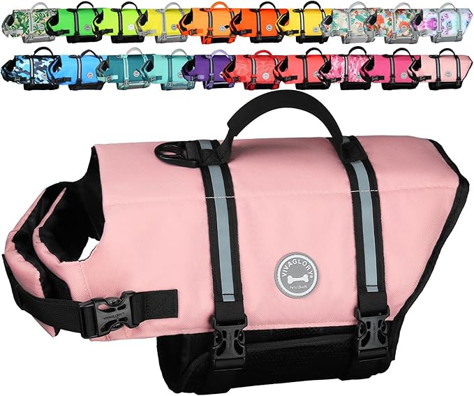 VIVAGLORY Rip Stop Dog Life Vest, Swimming Vest with Handle, Buoyancy for Doggy Puppy, Dog Life Jacket for Swimming & Boating, XL, Sakura Pink