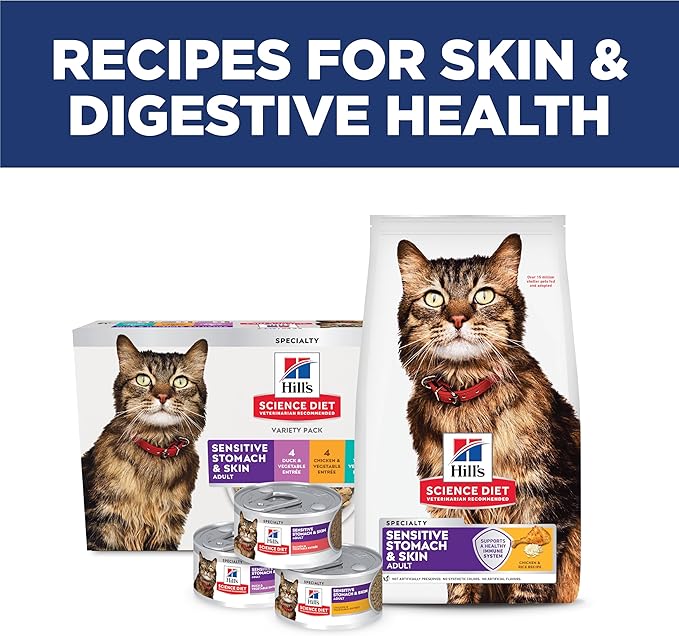 Hill's Science Diet Sensitive Stomach & Skin, Adult 1-6, Stomach & Skin Sensitivity Support, Wet Cat Food, Chicken & Vegetables Minced, 2.9 oz Can, Case of 24