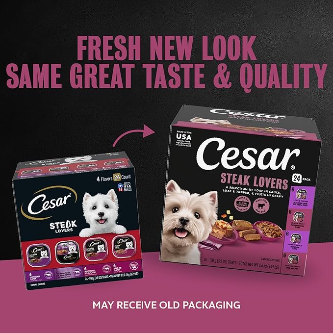 Cesar Adult Wet Dog Food Steak Lovers Variety Pack with Real Meat, 3.5 oz. Easy Peel Trays, 24 Count (Pack of 1)