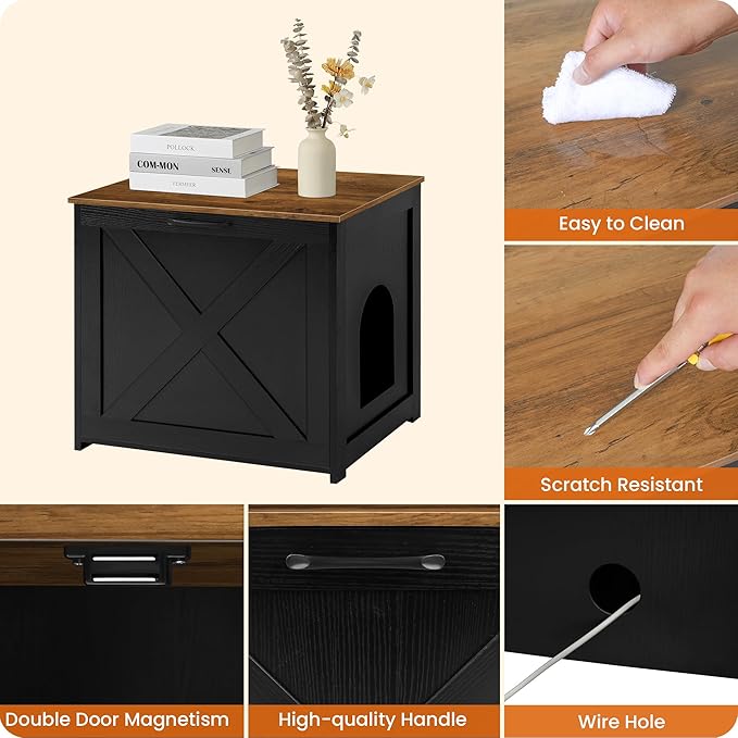 Dwanton Cat Litter Box Furniture Hidden, Cat Litter Box Enclosure, Reversible Entrance Can Be on Left or Right Side, Indoor Cabinet, Wooden Washroom, Nightstand, Black and Warm Brown, 23.6" L