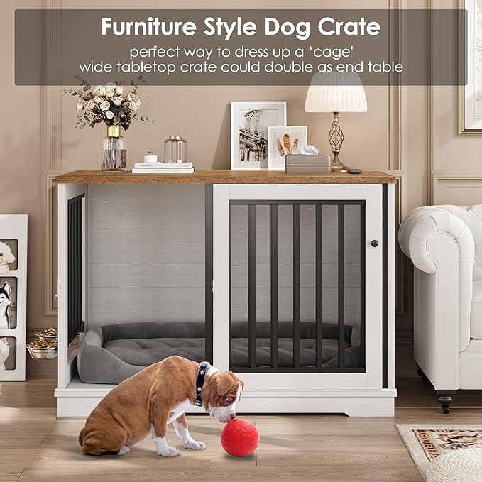 TTVIEW 47” Large Dog Crate Furniture, Heavy Duty Dog Kennel Indoor with Sliding Door and 2 Adjustable Bowls, Rustic Wooden Dog Cage Pet House for Large Dogs, End Table for Living Room, White