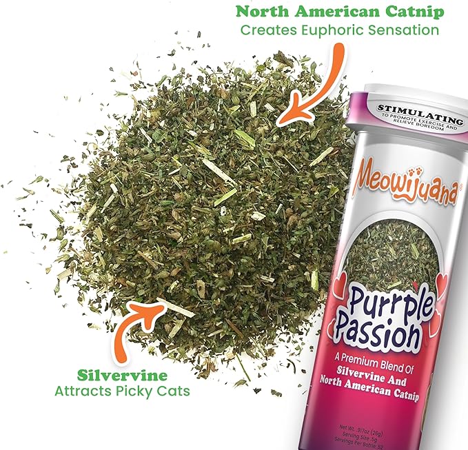 Meowijuana Purr-Effect Trio Pack | Purrple Passion, Whisker Tickler and Paw Natural OG Catnip Blends | Large Bottle High Potency Blends | Premium Hand Harvested North American Catnip