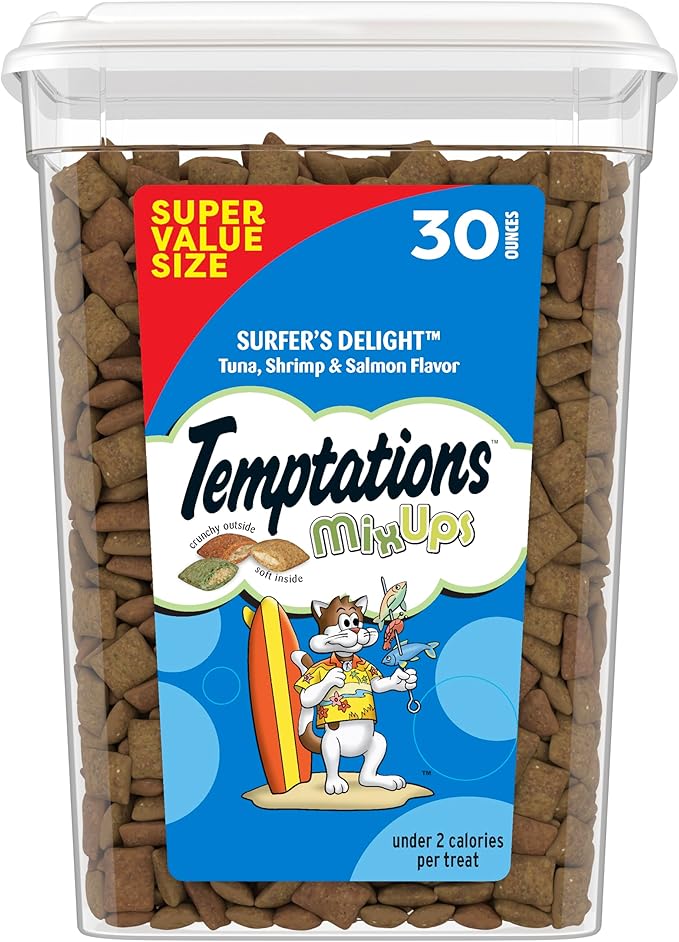 Temptations Cat Treats MixUps Surfer's Delight, Tuna, Shrimp, Salmon Flavor, Crunchy and Soft Cat Treats, 30 oz. Tub