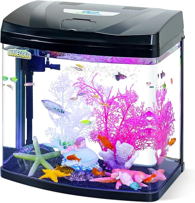7 Gallon Glass Aquarium Starter Kit with Flip-Top Feeding Port for Betta Fish: Crystal Clear 360° Viewing, Eco-Cycle Filtration, Air Pump, and LED Lighting