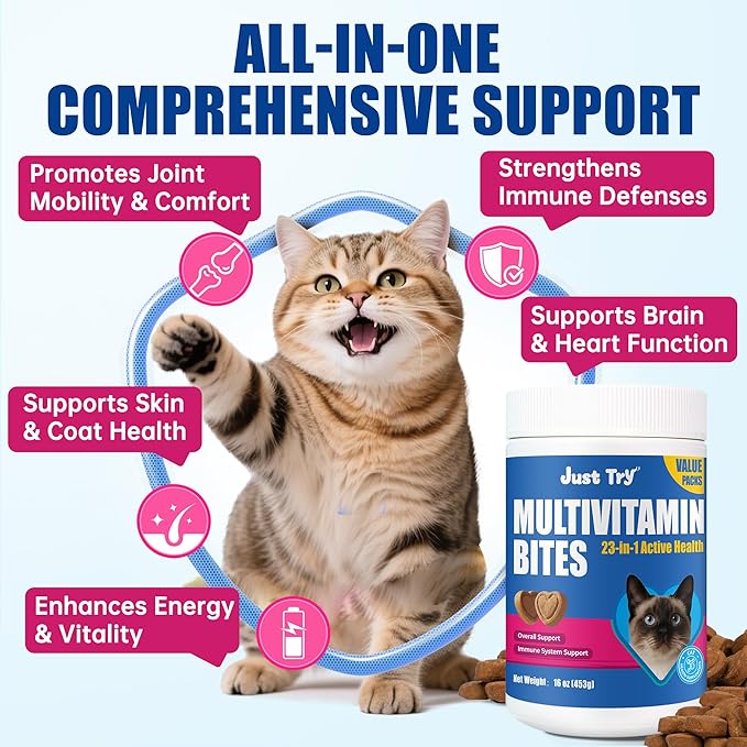 Just Try Comprehensive Multivitamin for Cats Value Packs - with Fish Oil, Taurine, L-Lysine, Biotin, Vitamins A, D3, E, B Complex, Calcium & Minerals - Supports Skin & Coat, Heart, Eyes, Joints Health