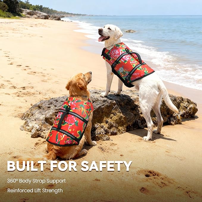 VIVAGLORY Rip Stop Dog Life Vest, Swimming Vest with Handle, Buoyancy for Doggy Puppy, Dog Life Jacket for Swimming & Boating, M, Northeast Florals-Red