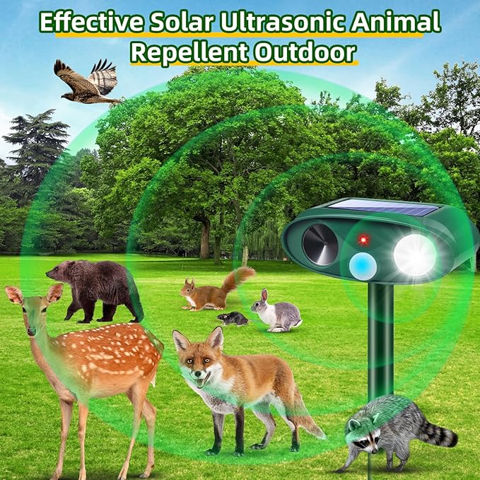 2Pack Solar Ultrasonic Animal Repellent Outdoor with Motion Detection&Flash Light,USB Rechargeable Waterproof Cat Repellent Outdoor Keep Deer Squirrel Rabbit Opossum Raccoon Away for Yard Garden Lawn