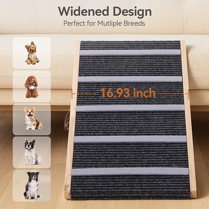 Dog Ramp for Bed, 39.4"L 16.9'' Extra Wide Wooden Dog Ramp for Couch with 4 Adjustable Heights from 15"to 23", Non-Slip Walkway & Bottom, Foldable Pet Ramp for Sofa, Bed, Car, Supports Up to 200 Lbs