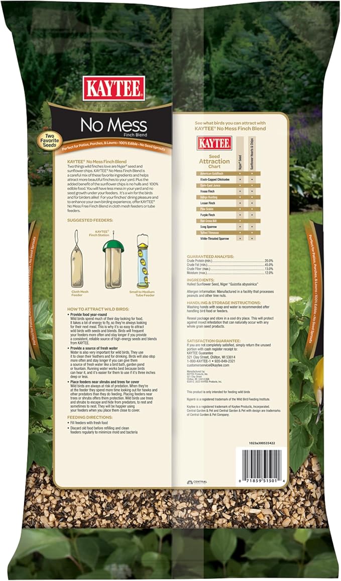 Kaytee No Mess Finch Seed and Nyjer Blend, Attracts Goldfinches, Chickadees, Junos, Finches and Other Wild Birds, 8 Pounds