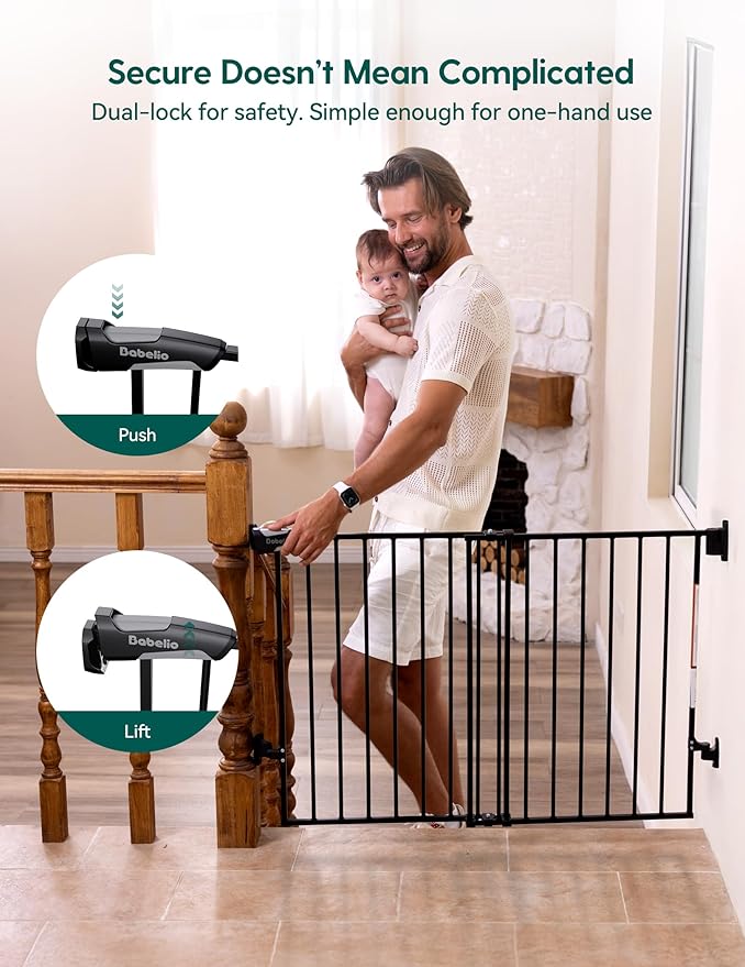 Babelio Baby Gate for Stairs, Kitchen & Doorways, No Bottom Bar| Easy Installation| One-Handed Operation| Auto-Close| Hardware Mount (Drill Needed) Safety Dog Gate (Black - B17, 29-49" W, 28" H)