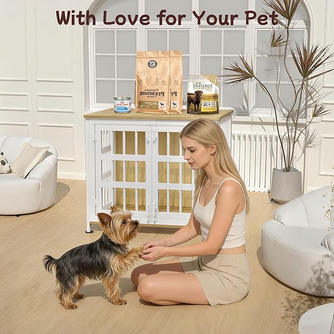 26'' Dog Crate Furniture Large Breed Dog Crate Dog Kennels for Inside Wooden Dog Crates End Table Heavy Duty Indoor Combination Cage for Medium to Large Dogs Oak