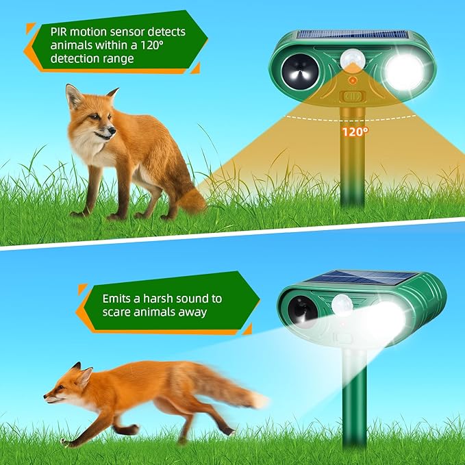 2026 Solar Ultrasonic Racoon Fortress Pro, Deer Cat Repellent Devices Animal Repeller Squirrel Rabbit Deterrent Outdoor with Motion Sensor&Flash Light to Scare Dog Out of Garden Yard(4Pack)