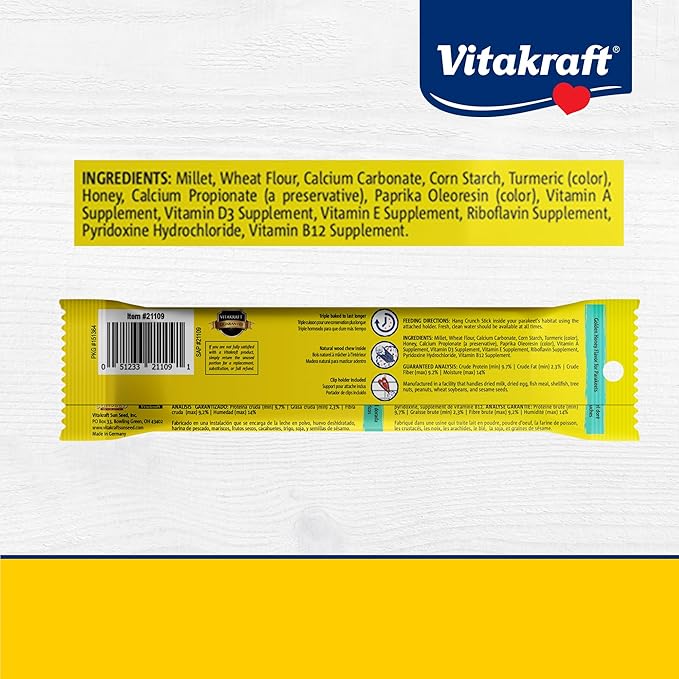 Vitakraft Crunch Sticks Parakeet Treats Golden Honey Flavor – Triple-Baked Snack with Vitamins A D3 E Riboflavin and B12 – Natural Wood Chew Center and Cage Clip Holder – Engaging 2 Stick Pack