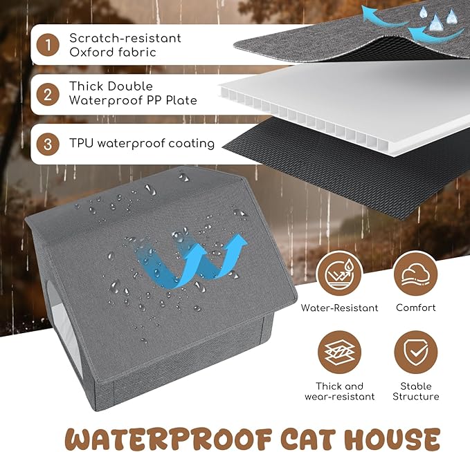 Outdoor Cat House Weatherproof, Insulated Cat Houses for Outdoor/Indoor Cats for Winter, Waterproof Feral Stray Cat Shelter with Door Curtain and Warm Cushion, Easy to Assemble, Grey