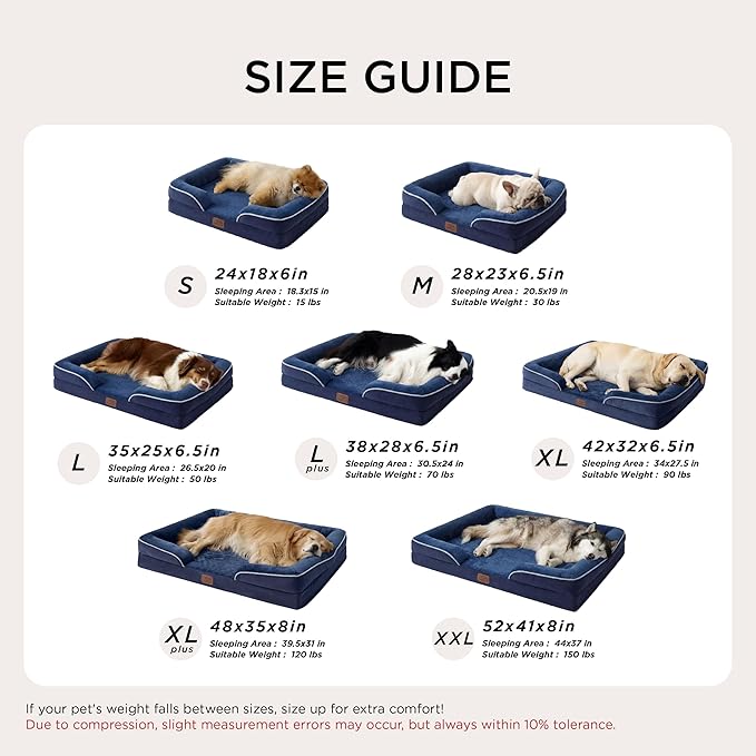 Bedsure L Plus Orthopedic Dog Bed for Large Dogs - Washable Dog Cat Bed Waterproof, L Plus Big Comfort Dogs Couch Sofa with Washable Removable Cover, Pet Bed with Nonskid Bottom, Blue Navy, 38"