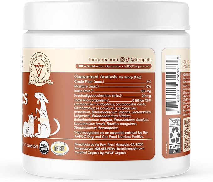Fera Pets Probiotics for Dogs & Cats with Prebiotics - USDA Organic - Gut Health Powder Supplement with 12 Strains & 5 Billion CFUs - Supports Immunity, Energy and Skin & Coat - 60 Scoops