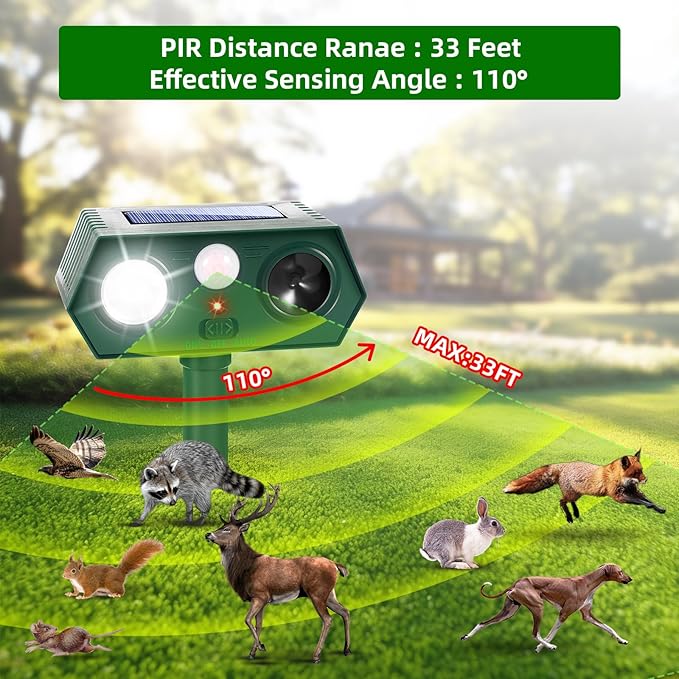 2026 Upgraded Solar Ultrasonic Animal Repellent Cat Deterrent Outdoor Motion Activated with Flash Light Repeller Keep Squirrel Deer Dog Raccoon Skunk Rabbit Away from Yard Garden Lawn 4 Pack