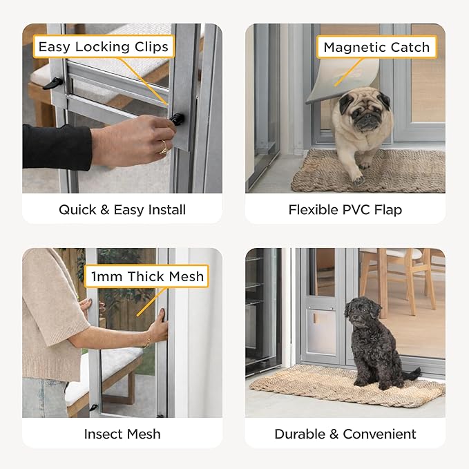 Hakuna Pets V2 Patio Pet Door Screen Insert Panel for Sliding Doors, Fits Door Track Min Ht 55.12" to Max Ht 84.25", UV Resistant Mesh, Locking Magnetic Dog Door, Easy Install and Removal,Small,Silver