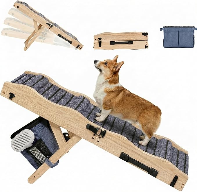 2026 Upgraded Dog Ramp for Couch & Low Bed, 33" L Folding Wood Pet Ramp 200LB Capacity, 4-Level Adjustable Height 11"-20", Non-Slip Sturdy Puppy Ramp for Small & Senior Dogs, Joint Relief, Wavy Design
