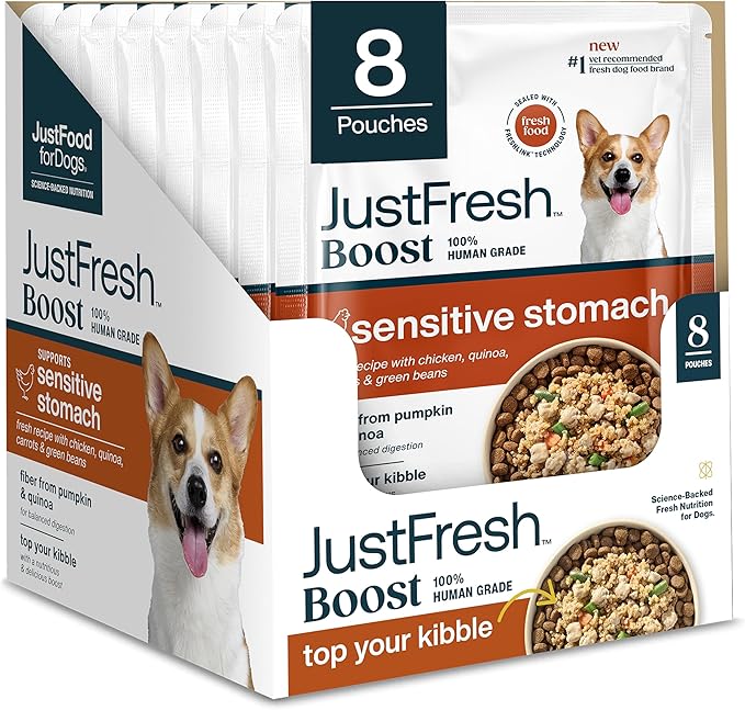 JustFoodForDogs JustFresh Boosts Sensitive Stomach Dog Food Topper with Fiber for Gut Support from Pumpkin, Oats, Psyllium, 8 oz Pouches - 8 Pack