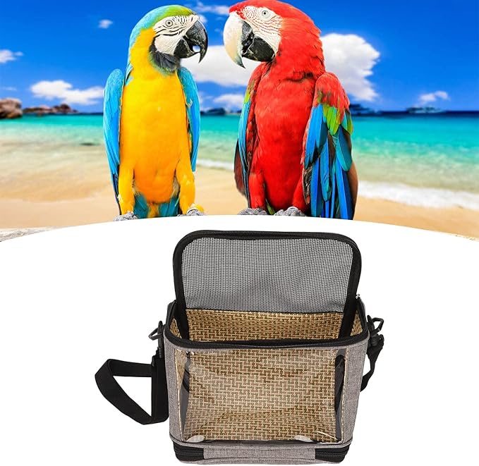 Transparent Bird Carrier Bag, Portable Lightweight Parrot Travel Cage for Cockatiels Parakeets, Breathable Backpack with Side Pockets and Rattan Weave for Small Birds (Grey)