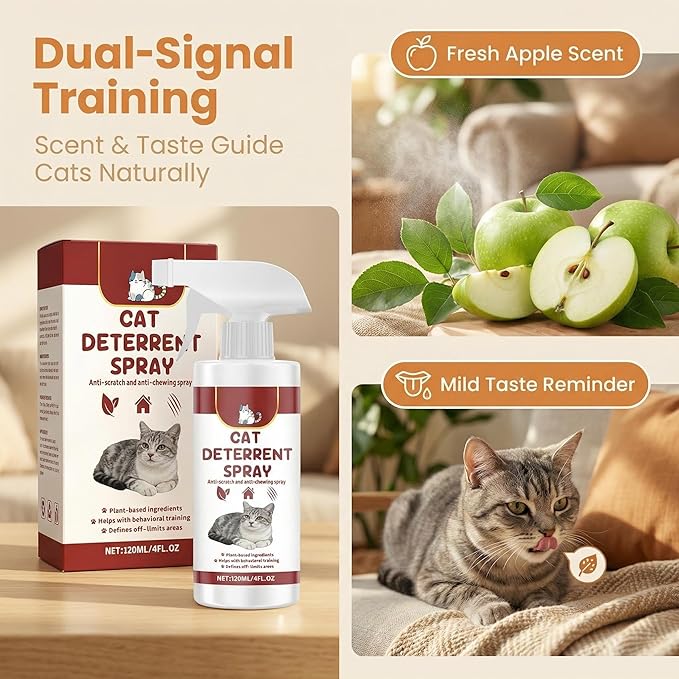 Cat Deterrent Spray, Indoor & Outdoor Pet Training Aid, Cat Scratch & Urine Marking Deterrent for Furniture Protection, Plant-Based Safe Formula for All Cat Ages (4 Fl Oz/120ml)