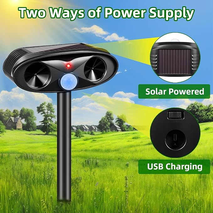 Upgraded Solar Animal Repellent, 2 Pack Ultrasonic Animal Repeller Outdoor USB Charge with Motion Sensor Cat, Deer, Squirrel, Dog,Raccoon,Skunk,Rodent,Rabbit Repellent for Yard Garden Lawn,Black