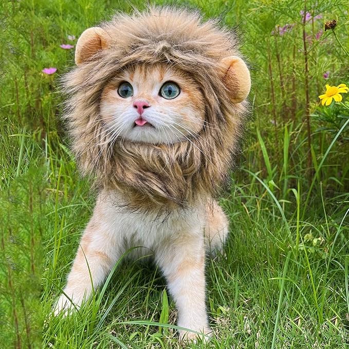 Lion Mane Wig for Cat,Dog and Cat Costume,Funny Pet Cat Costumes for Halloween Christmas, Parties, Photo Shoots (Size S, Melange Brown)