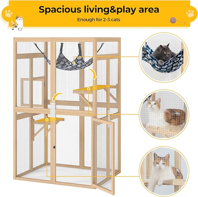 Catio Outdoor Cat Enclosure - Premium Wooden Cat Catio with Window Access & Breathable Mesh, Weatherproof Kitty House for Patio/Backyard/Indoor (Wood)