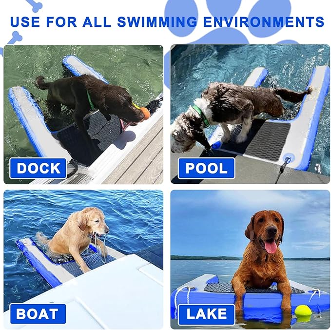 Inflatable Dog Boat Ramp, Non-Slip EVA Dog Float Floating Ramp Ladder for Pools Boats Docks, Safe & Easy Water Access for Large Dogs, Blue