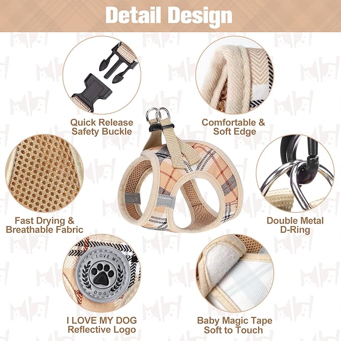 BEAUTYZOO Small Dog Harness and Leash Set,Step in No Choke No Pull Soft Mesh Dog Harnesses Reflective for Extra-Small/Small Medium Puppy Dogs and Cats, Plaid Dog Vest Harness for XS S Pets, Beige XL