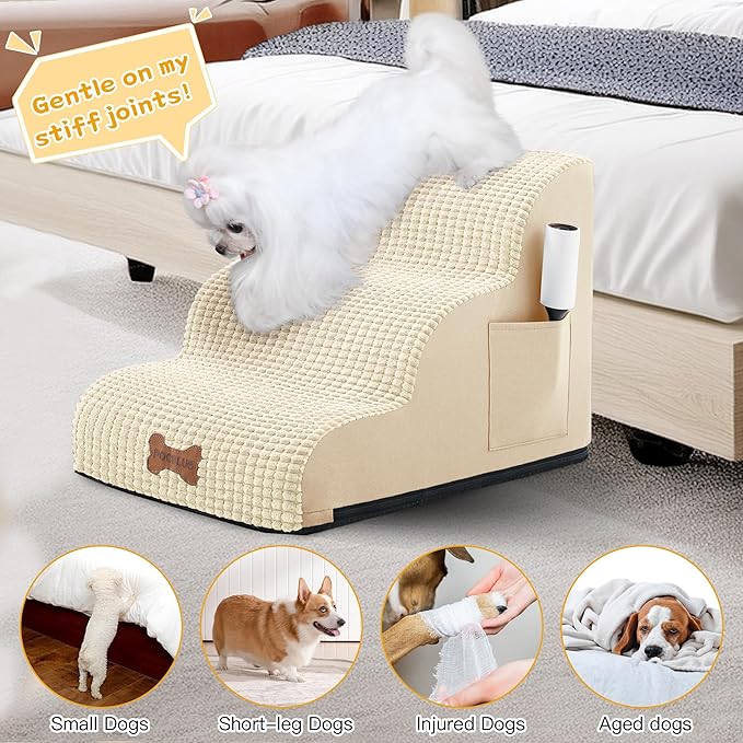 Dog Stairs for Small Dogs, Wide Pet Step with Removable Cover, No Assembly High Density Foam Cat Ramp for Bed or Sofa, 4-Step, Beige