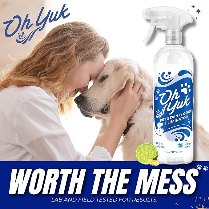 Oh Yuk Probiotics Pet Odor Eliminator and Stain Remover Spray – Dog & Cat Urine and Poop Odor Eliminator for Home, Pet Pee Smell Remover & Deodorizer – 27 fl oz (Fresh Ginger Lime)
