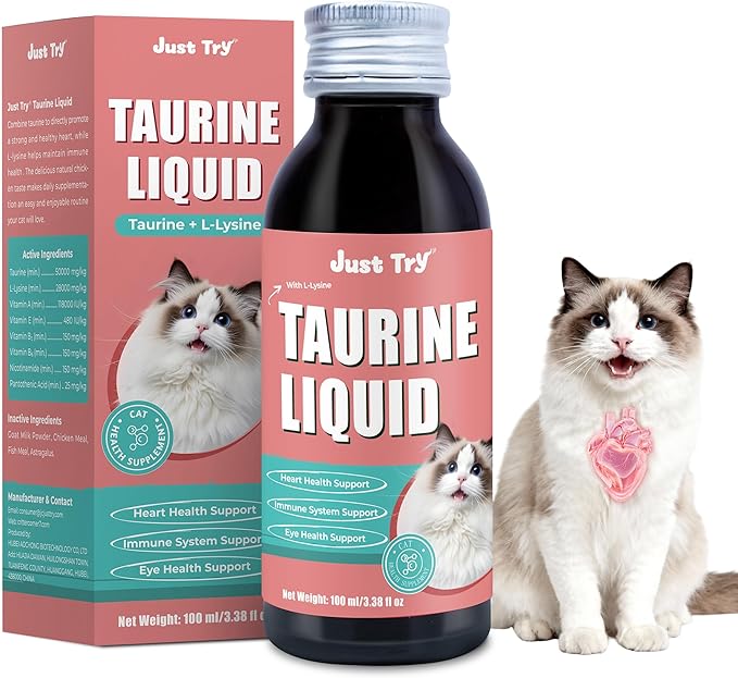 Just Try 3.38 fl oz Taurine Supplement & L-Lysine for Cats Feline Heart Health Immune Support - Sneezing, Runny Nose and Watery Eyes - Chicken Flavor 100ml