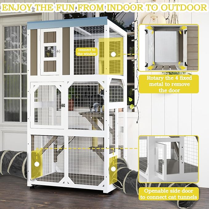 64.4" L Catio Outdoor Cat Enclosure,Outdoor Cats House with 10 Platforms & 2 Space Capsules,Wooden Cat Catio Cats Enclosure with Weatherproof Oxford Cloth Roof & 8 Wheels,Grey