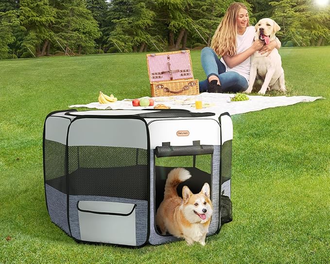 Dog Playpen, Portable Pet Play Pen Foldable Carrying Case, Puppy Pens Outsid for Small Cat Indoor/Outdoor, Removable Mesh Shade Cover