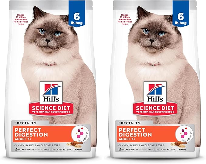 Hill's Science Diet Perfect Digestion,Senior Adult 7+,Digestive Support,Dry Cat Food,Chicken,Barley,& Whole Oats,6 lb Bag,(Pack of 2)
