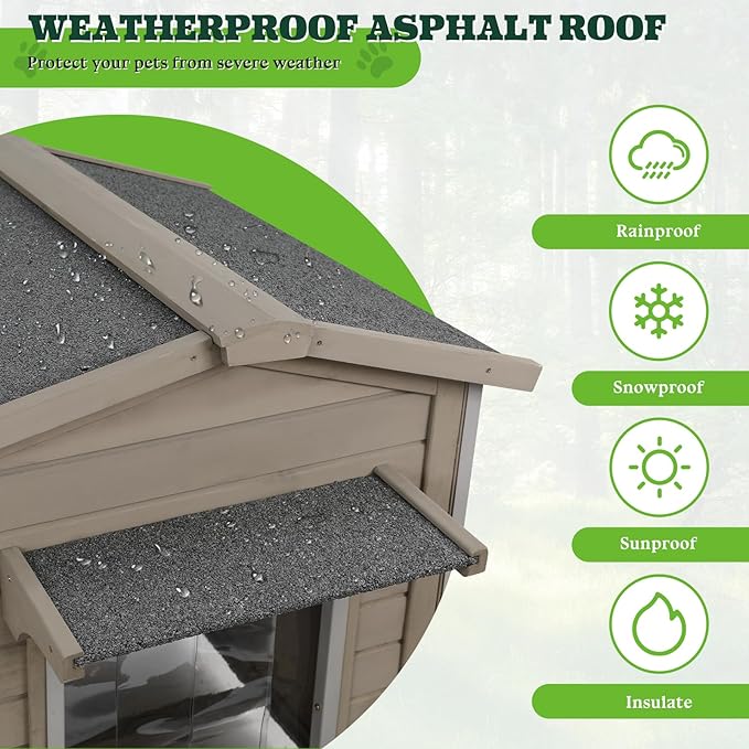 Dog House Outdoor Weatherproof & Wooden Indoor Dog Kennel with Chew-Proof Iron Frame，Removable Floor, Recreational Steps and Adjustable Window, Easy Assembly(Gray,34" L × 28" W × 28" H)