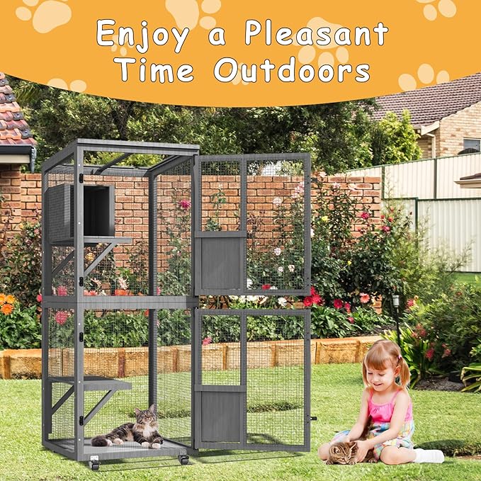 2 in 1 Catio Outdoor Cat Enclosure, 4 Tier Outdoor Cats House with 4 Wheels, Cat Enclosure Window Access with Removable Floor, Upgraded Resting Box, Waterproof Roof, Indoor Pet Cage, Grey