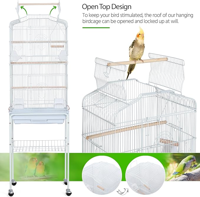 Yaheetech 64-inch Open Play Top Bird Cages for Parakeets Cockatiels Finches Lovebirds Canaries Conures Budgies Parrot Birdcage w/Detachable Rolling Stand, White
