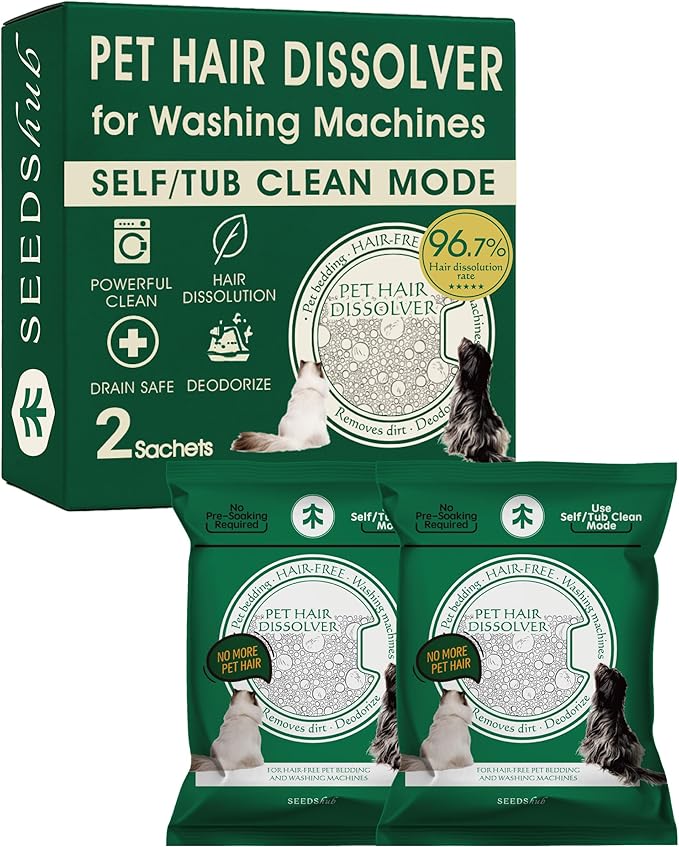 Pet Hair Dissolver for Washing Machine - Dog & Cat Hair Remover, 96.7% Hair Dissolution, Stain/Hair Remover for Laundry, 2 Sachets, HE/Top/Front-Load Compatible, Removes Residue & Odors, Septic Safe