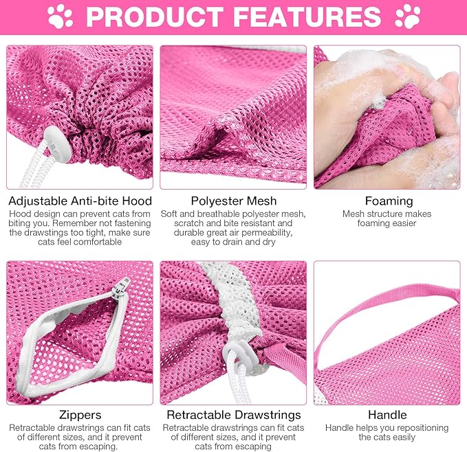 Cat Shower Net Bag Grooming Bathing Adjustable Washing Bag Multifunctional Cat Restraint Accessories Prevent Biting Scratching, Nail Trimming, Ears Clean, Keeping Calm(Pink)