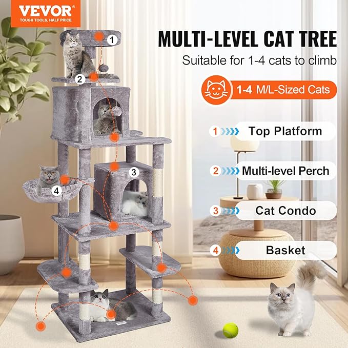 VEVOR Cat Tree for Indoor Cats, 68.5" Cat Tower with 2 Cat Condos, Sisal Scratching Post, Hammock, Top Perch, Jumping Platforms, Large Cat Furniture Activity Center with Hang Ball, Light Grey