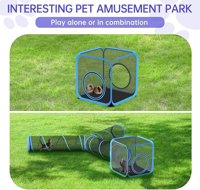 Outdoor Cat Enclosures for Cats Indoor, Patio Portable Mesh Cat Tunnel, Playhouse with Free Carry Bag for Multiple Cats and Small Animals, Blue + Black