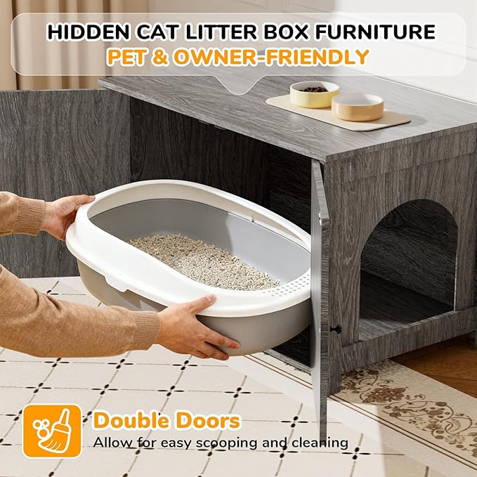 Cat Litter Box Enclosure Furniture Dog Proof, Hidden Kitty Washroom Low Entry, Wooden Cat Boxes Enclosure Odor Control for Home, Farmhouse Style Decorative Cabinet with Storage,Oak Grey