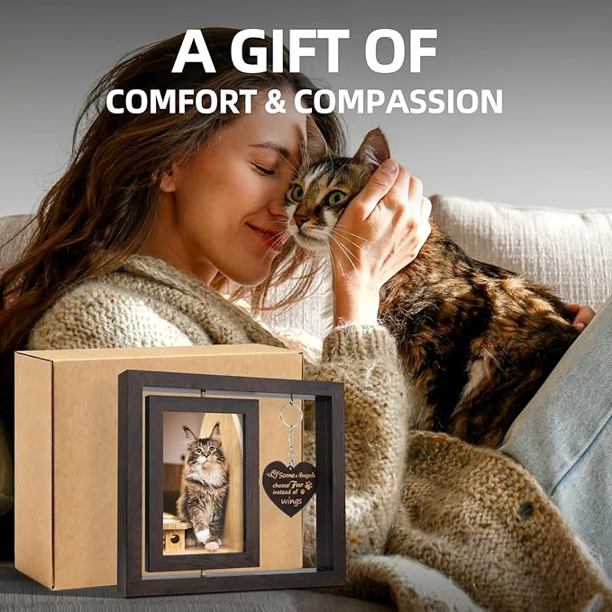 AVEAX Cat Memorial Gifts for Loss of Cat, Rotating Picture Frame 4x6, Pet Loss Sympathy Gift, Cat Memorial for Desktop Display, Brown