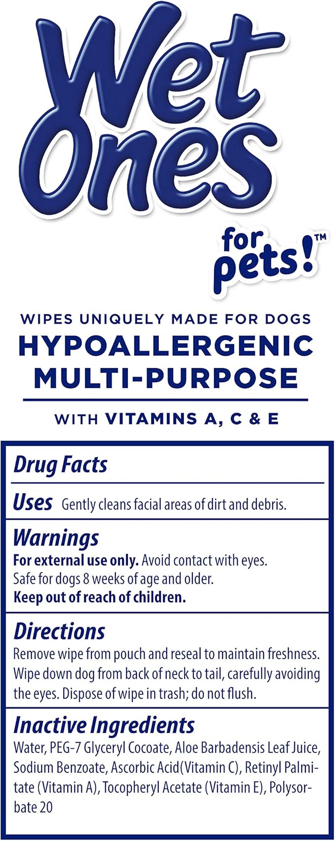 Wet Ones for Pets Hypoallergenic Multipurpose Dog Wipes with Vitamins A, C & E - No Fragrance Pet Wipes for Dogs with Wet Lock Seal, 100 Count