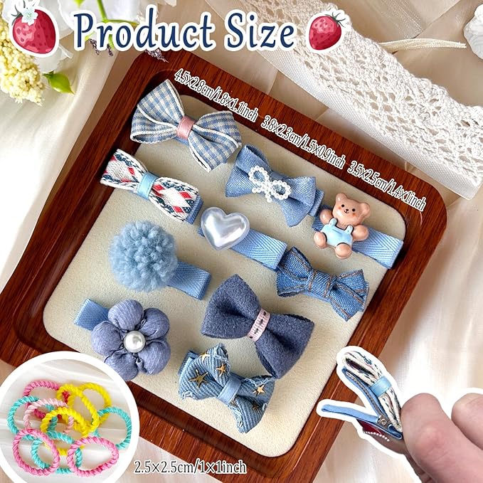 Blue Dog Hair Clips and Rubber Bands Small Dog Bows Denim Cute Pet Grooming Accessories Alligator Clips Stay In Hair Barrettes Flower Bear Hairpin Topknot Headdress Yorkie Puppy Maltese Girls Dogs