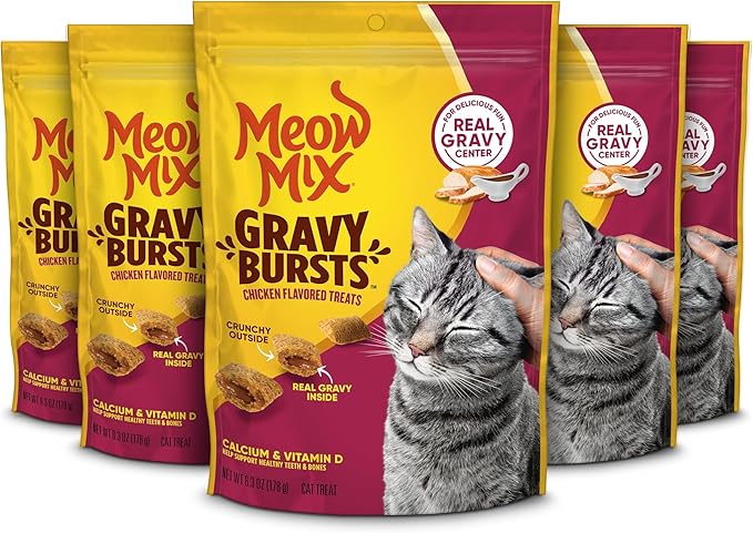 Meow Mix Gravy Bursts Chicken Flavored Cat Treats, 6.3 Oz. Bag (Pack of 5)