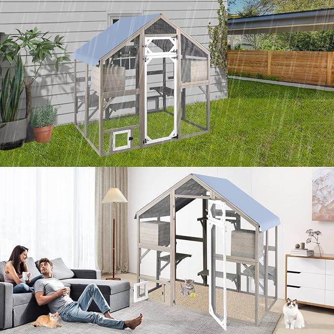 PetsCosset Cat Catio Outdoor Enclosure Outside Patio Large Catio House for Indoor 2-3 Cats Weatherproof Wooden Walk in Kitty Kennel Cage,Versatile Use for House's Window,Pet Doors, Tunnel - 71" H